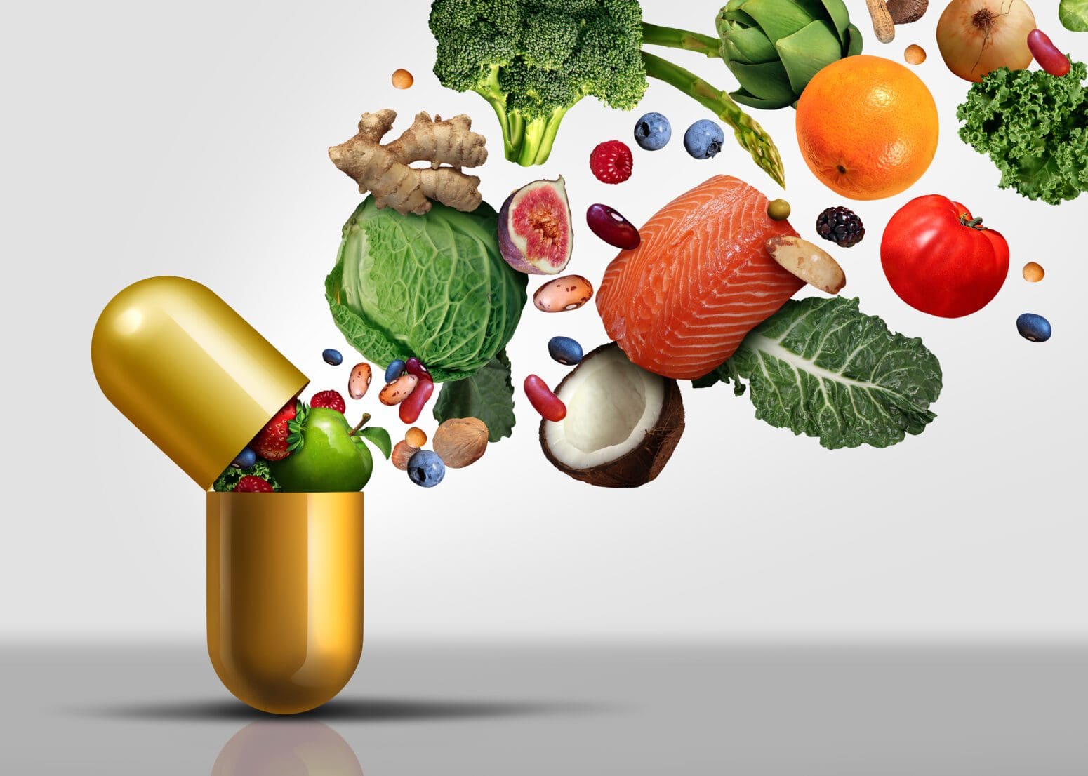 B12 supplement bottle next to plant foods