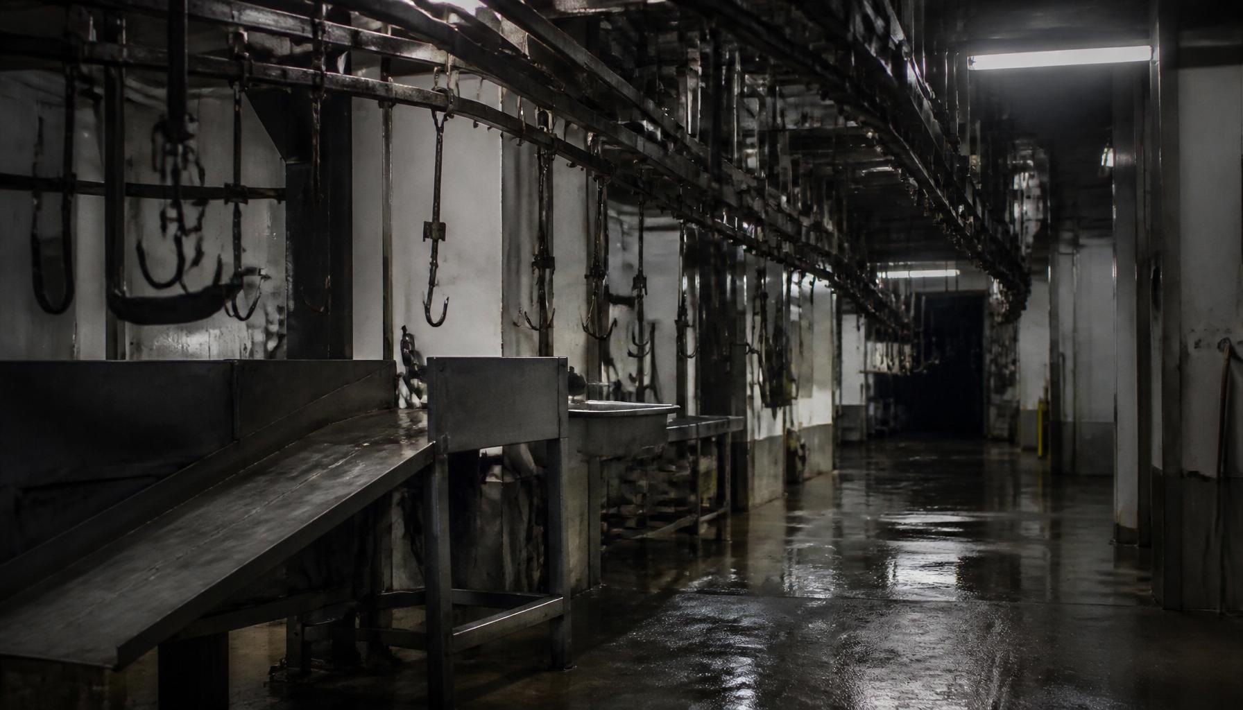 Empty industrial slaughterhouse interior with overhead hooks and wet concrete floor