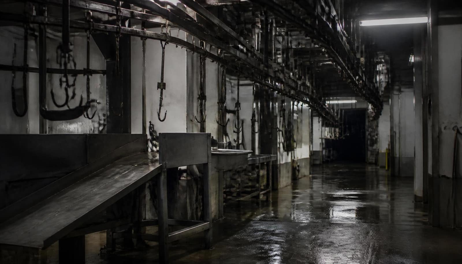 Empty industrial slaughterhouse interior with overhead hooks and wet concrete floor