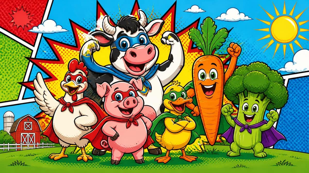 Comic superhero team of farm animals and smiling vegetables