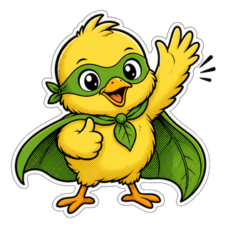 One Fork Kids mascot: a superhero chick wearing a leaf cape