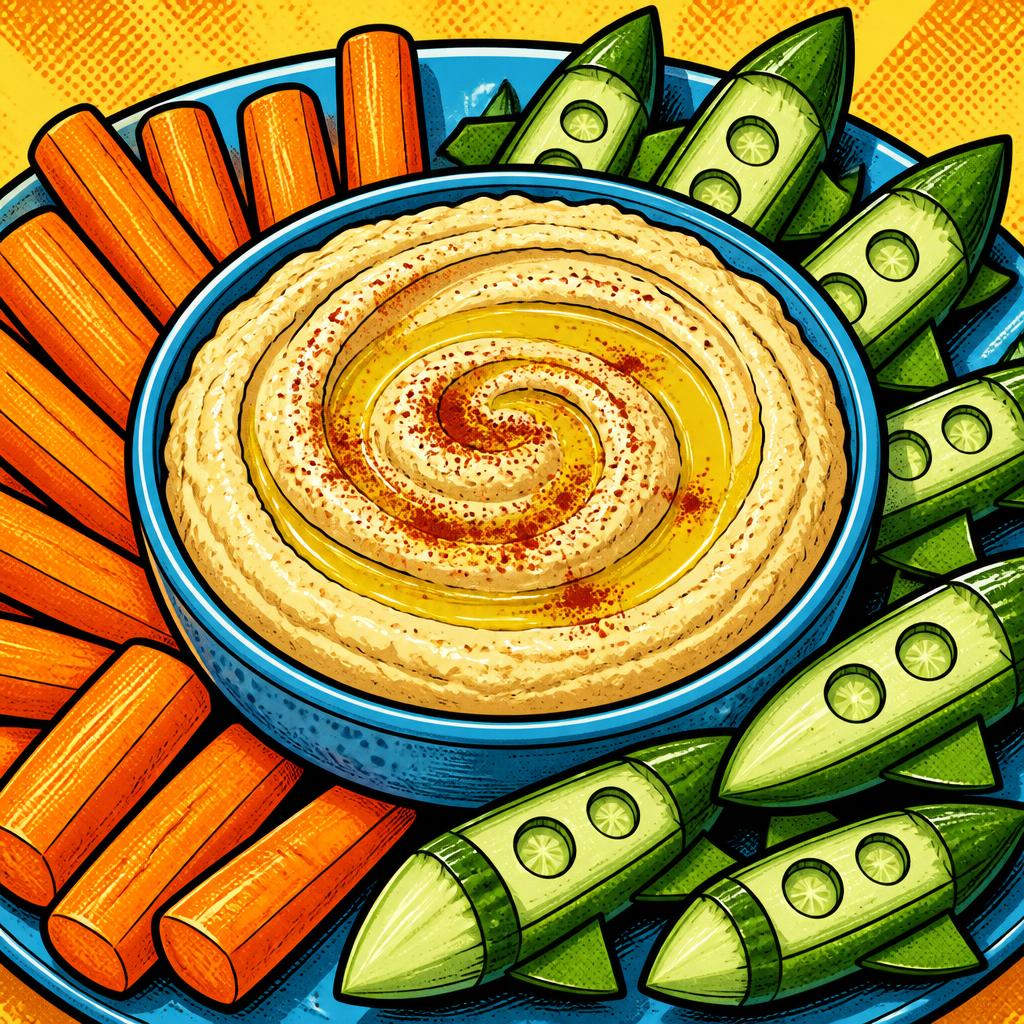 A bowl of hummus surrounded by carrot sticks and cucumber rockets