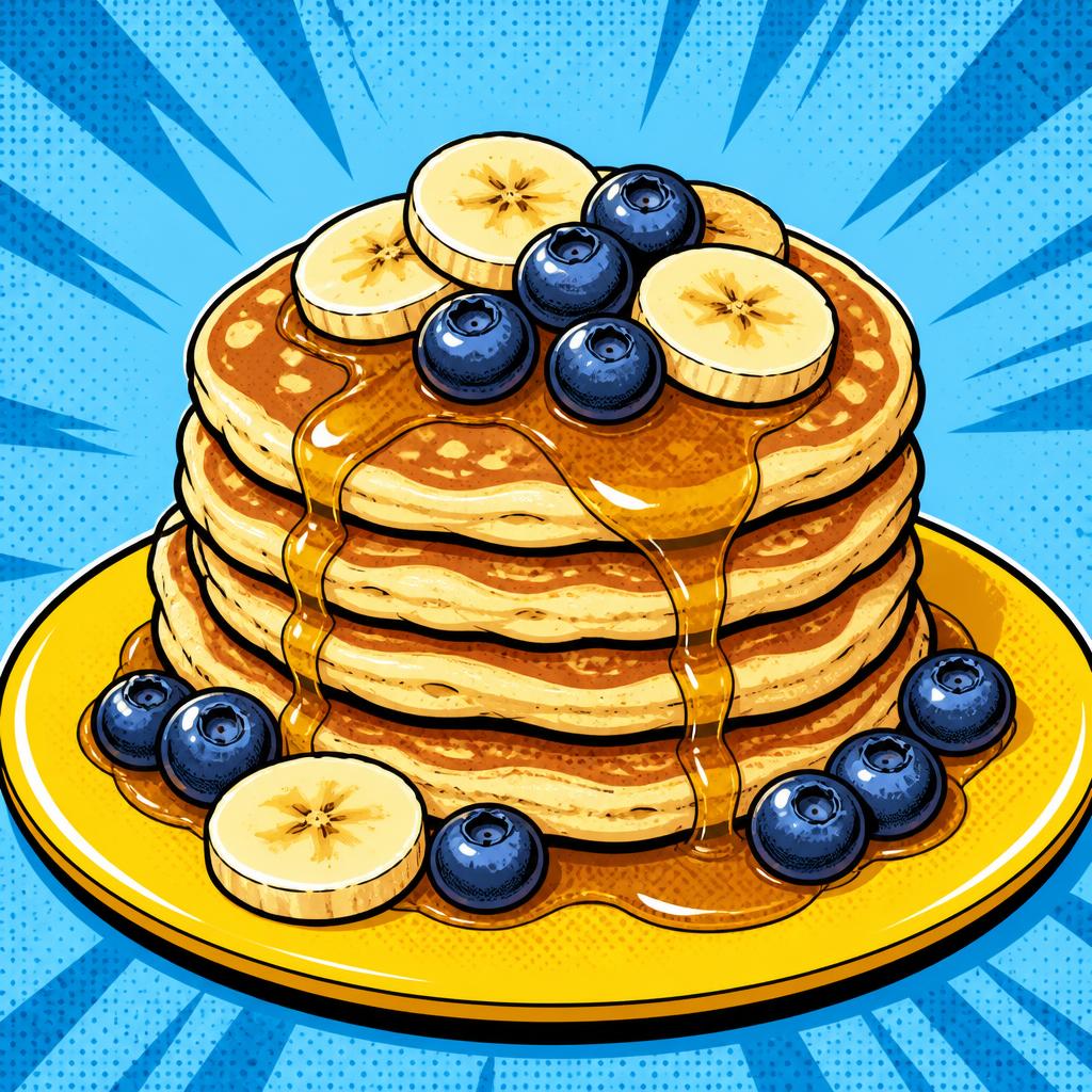 A stack of fluffy pancakes topped with banana slices and blueberries
