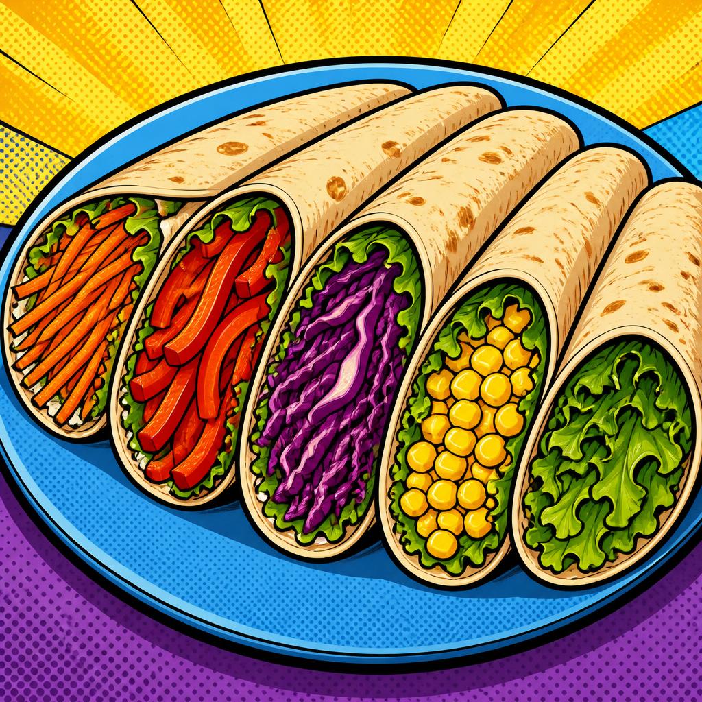 Tortilla wraps stuffed with colorful rows of shredded veggies