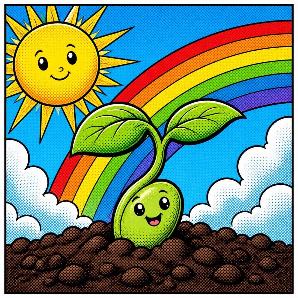 Cartoon bean seedling sprouting from soil under a smiling sun and rainbow