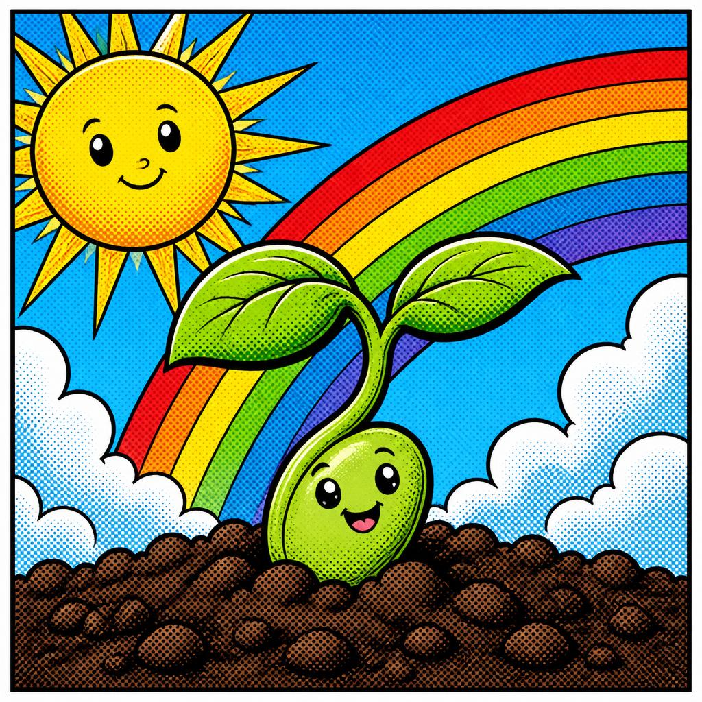 Cartoon bean seedling sprouting from soil under a smiling sun and rainbow