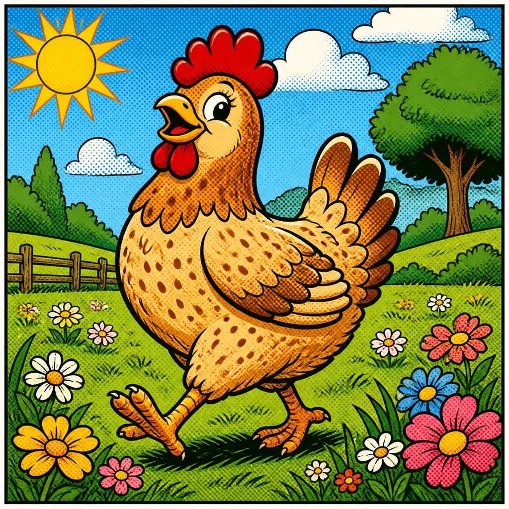 Cartoon hen strutting through a sunny flower meadow