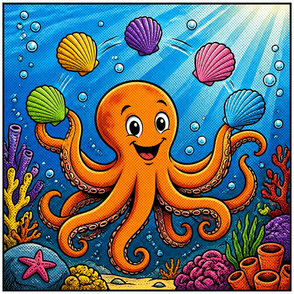Cartoon octopus juggling colorful seashells in a coral reef